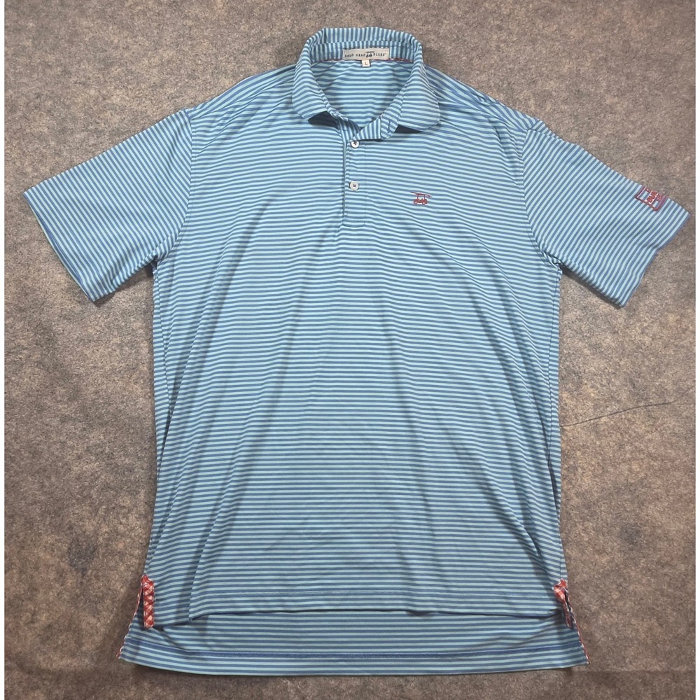 Bald Head Blues Mens Polo Shirt Large Blue Striped Performance Golf Farm Bureau